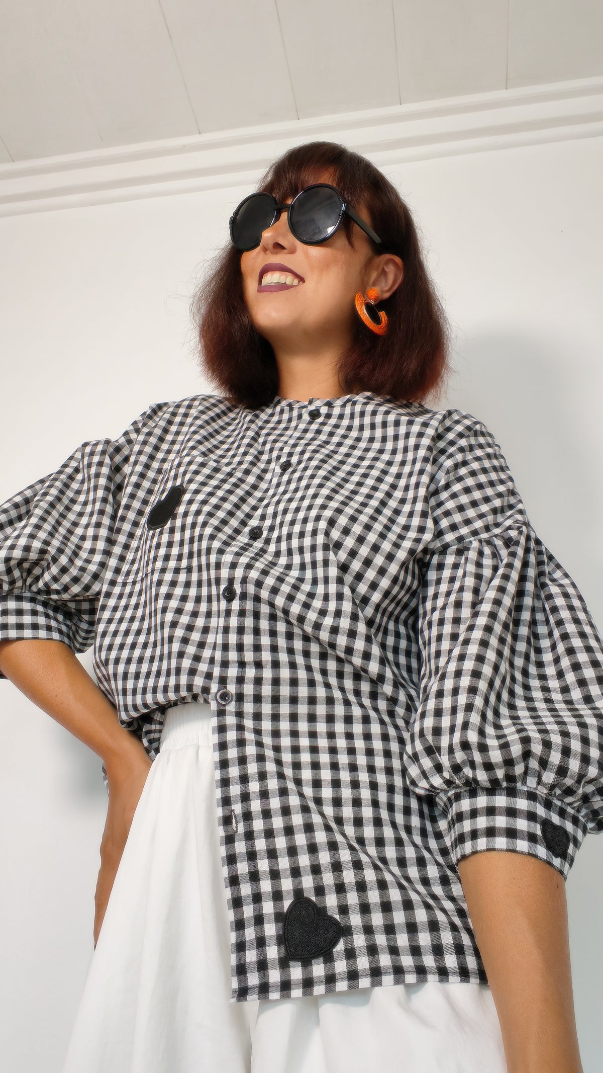 Chemise vichy noir et blanc avec écussons cœur noir – BFunny